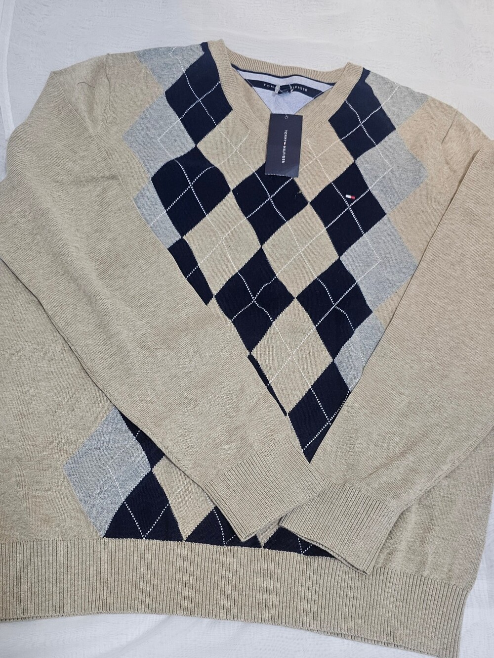 Tommy Hilfiger Mens V-Neck Argyle Knit Cotton Pullover Sweater Beige L